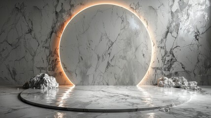 Abstract marble circle with neon glow in minimalist interior setting
