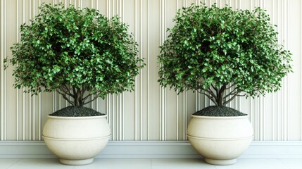 Pair of Lush Green Potted Plants in Elegant Containers Against a Textured Wall in a Modern Interior