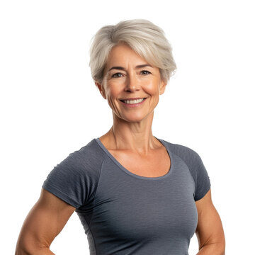 portrait of caucasian beautiful smiling caucasian woman 50-59 years old with athletic figure in sportswear, isolate on white background
