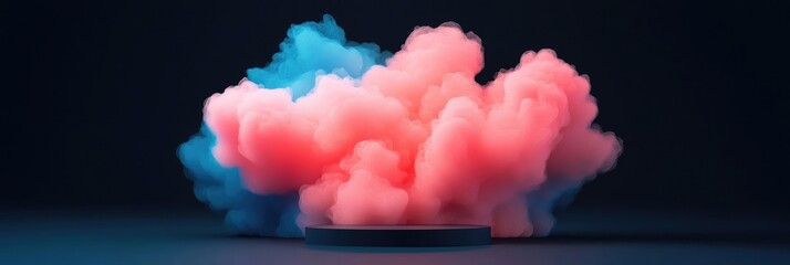 Fototapeta premium Abstract pink and blue smoke cloud with a dark circular platform.