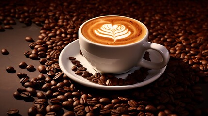 Naklejka premium A cup of coffee with latte art on top, surrounded by scattered coffee beans and a saucer