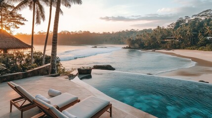 Fototapeta premium Luxury Beachfront Villa with Infinity Pool at Sunset