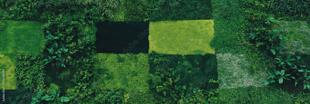 Poster varied meadow textures featuring diverse green shades and patterns from a top view perspective