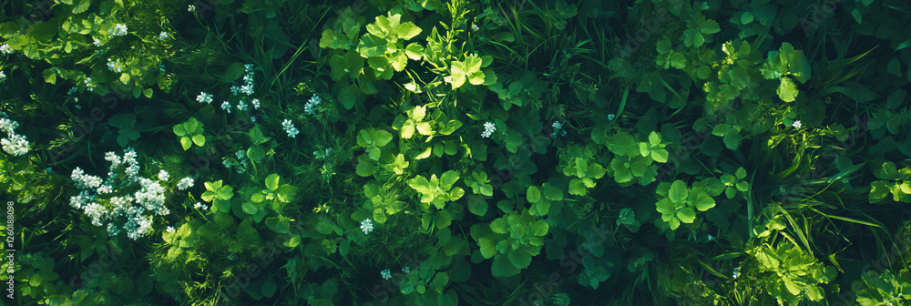 Poster exploring the diverse textures and colors of a vibrant meadow from above