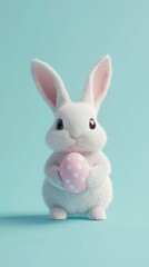 Obraz premium A fluffy white bunny stands proudly, clutching a pastel pink egg adorned with white polka dots. The serene blue background creates a cheerful, festive atmosphere perfect for Easter celebrations