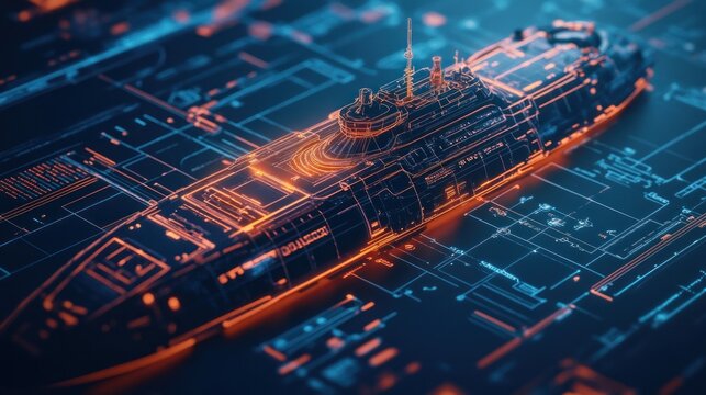 Futuristic Submarine Digital Blueprint: A 3D Render of a Sleek, Orange-Lit Vessel on a Technological Background