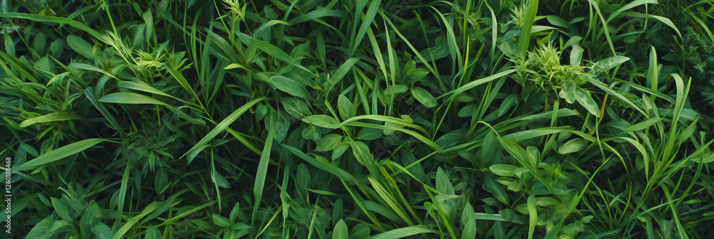 Poster Varied meadow texture featuring green grass with changes in height and color patterns from above