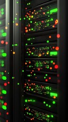 Naklejka premium A futuristic server room with illuminated data racks, showcasing vibrant lights in green and red, indicating active data processing.