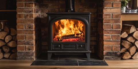 A striking close-up of a black cast iron fireplace, featuring sleek, rectangular lines and a polished finish that reflects ambient light. Its minimalist design accentuates both elegance and functional
