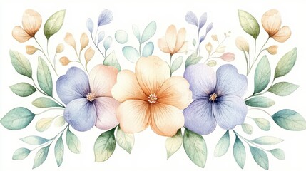 Obraz premium Delicate Watercolor Floral Arrangement Peach Lavender and Blue Flowers with Greenery