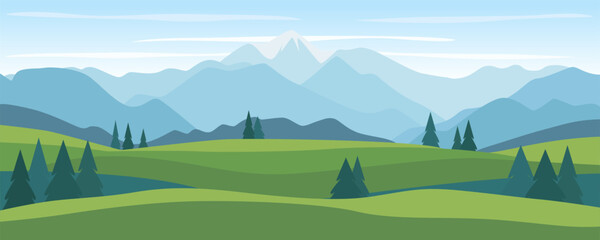 Mountain landscape with green meadows. Beautiful mountains and hills, fields and forests. Vector landscape illustration of mountains.