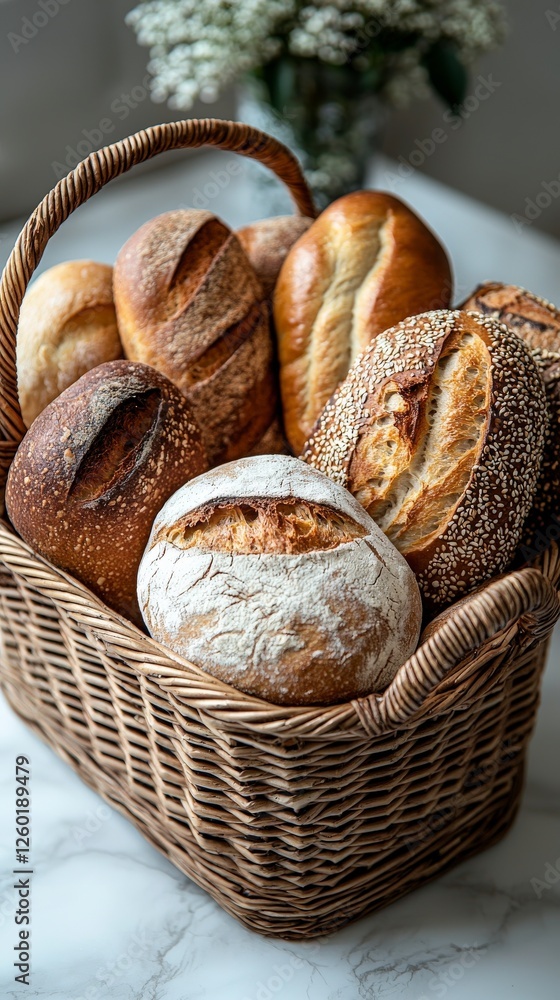 Poster an inviting collection of different types of baked bread arranged in a rustic basket, creating an ae
