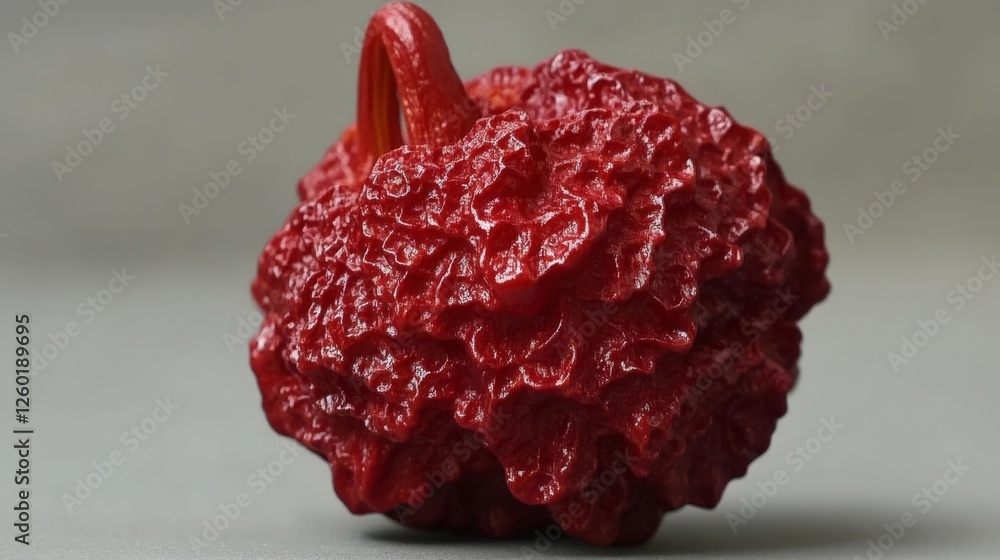 Poster unique red sculpture resembling a textured fruit displayed on a simple gray background in well-lit e