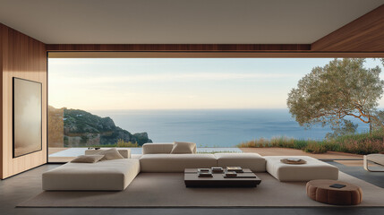 Fototapeta premium Modern Luxury Living: A contemporary living space seamlessly blends indoor and outdoor, featuring a plush white sectional sofa and a coffee table.