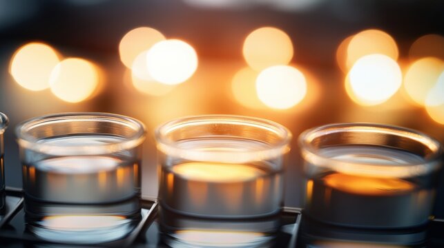 Chemical experiment in a lab test tubes filled with clear liquid scientific research bright bokeh background close-up focused view