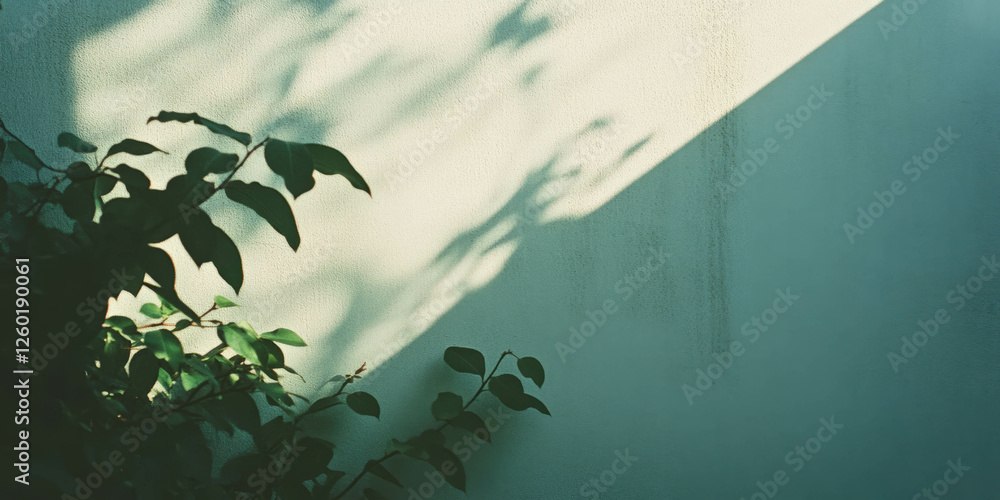 Poster Grunge texture on a white wall with soft shadows and greenery accents creating a tranquil setting