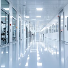 Exploring a modern cleanroom facility high-tech lab industrial space minimalist design wide angle view innovation hub
