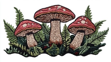 Colorful mushroom embroidery on a background of ferns showcasing fine textile art