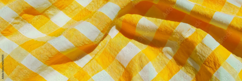 Poster bright yellow gingham tablecloth texture with small squares shows crisp and inviting design