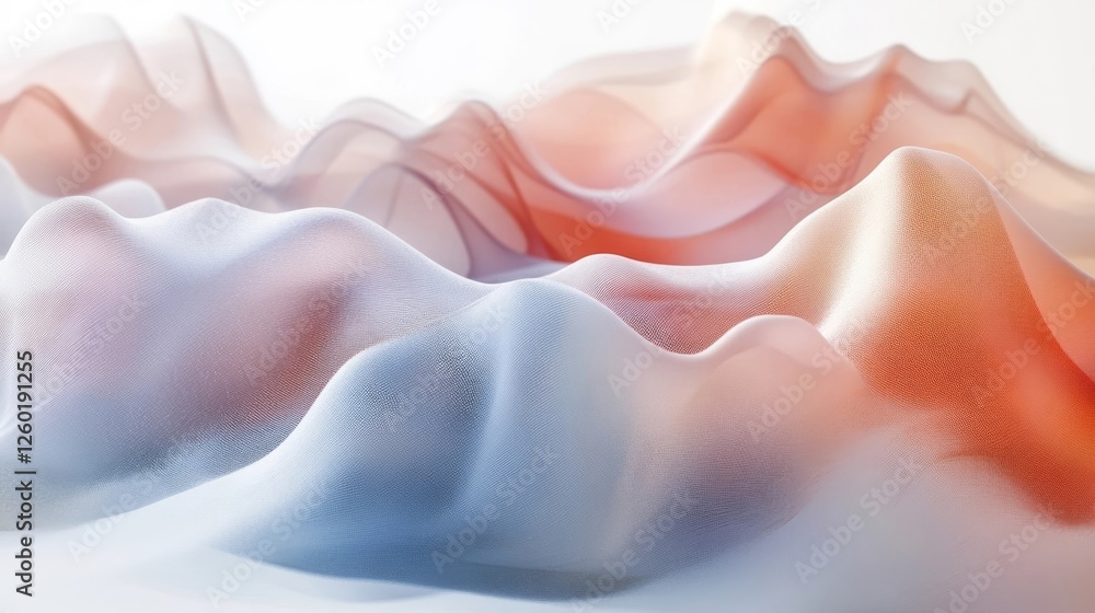 Poster abstract representation of flowing mountains with soft hues of red and blue in a serene and tranquil