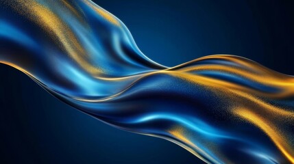 Flowing fabric in blue and gold waves creates a dynamic visual under soft lighting