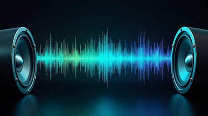 Dynamic Sound Waves Between Loudspeakers | Sleek Banner Design on a Black Background