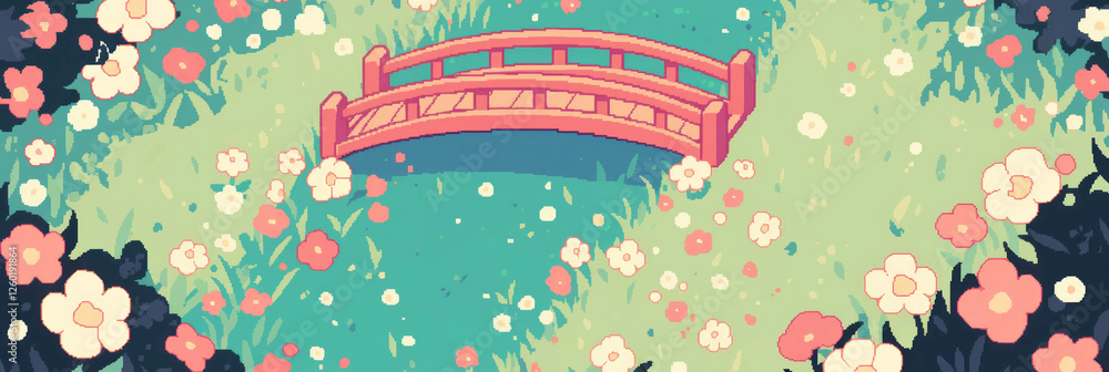 Aufkleber stylized bridges cross small streams adorned with vibrant flowers in enchanting pixel art landscape