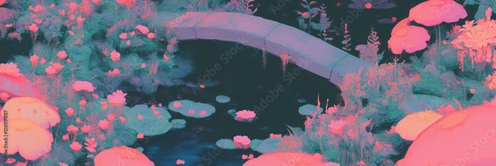 Poster stylized bridges over streams adorned with colorful flowers for a vibrant banner background