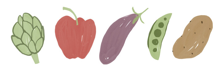 Vegetable set hand drawn isolated on white background. Artichoke, red bell pepper, eggplant, peas, potatoes.