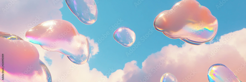 Poster Tiny clouds with raindrops and rainbow reflections create a whimsical background design