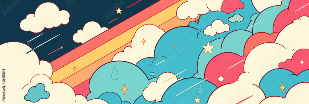 Poster Tiny stylized clouds with raindrops and rainbow reflections for creative background