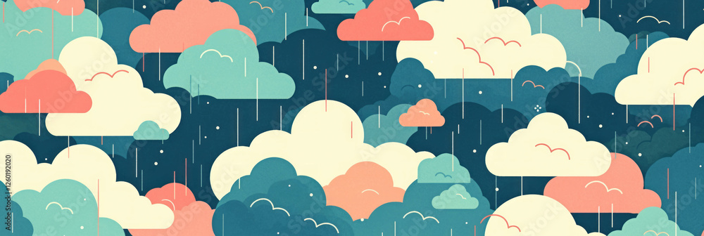 Poster stylized clouds with raindrops and rainbow reflections create a whimsical banner background