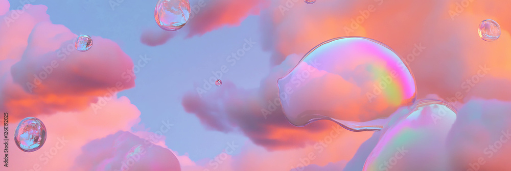 Poster stylized tiny clouds with raindrops and rainbow reflections for a vibrant banner design