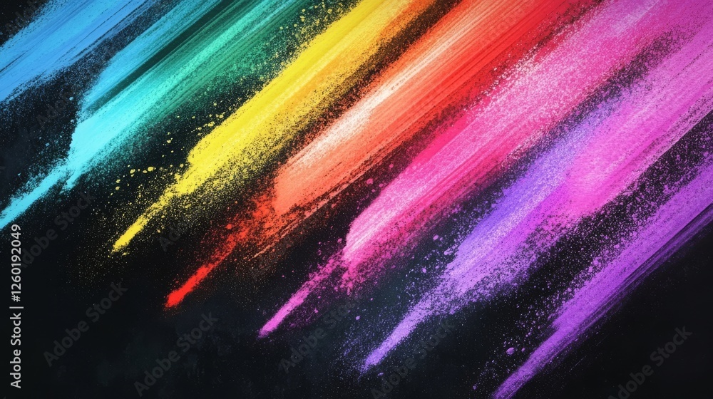 Poster bright colors in vibrant strokes create a dynamic abstract composition on a dark background
