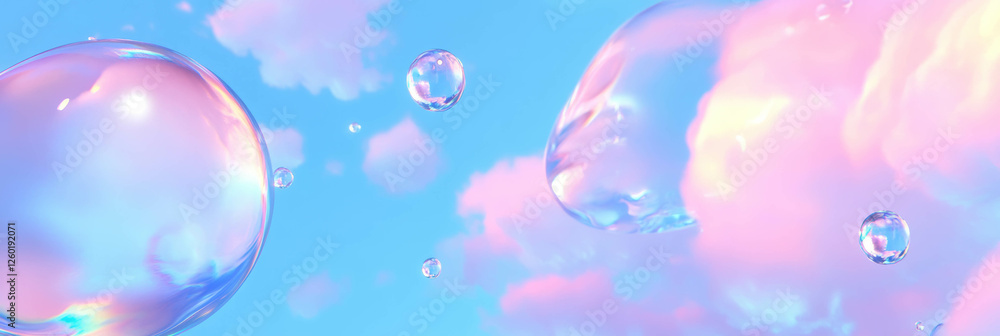 Poster stylized clouds with raindrops and rainbow reflections enhance bright background