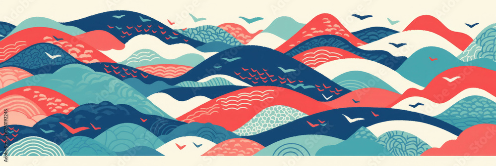 Poster stylized hills with various textures and patterns create a colorful background landscape