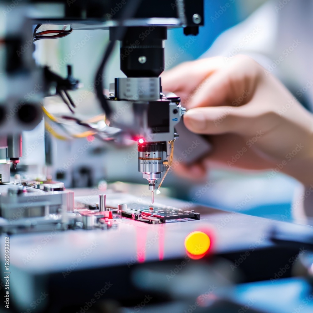 Poster precision engineering microchip assembly high-tech laboratory scientific process clean room close-up