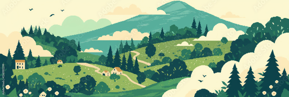 Poster Stylized pixel art depicting rolling hills with diverse textures and patterns for use as a banner
