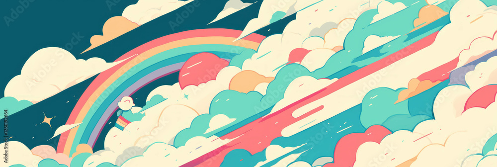 Poster Tiny stylized rainbows appear in clouds after gentle rain and sunshine in a whimsical background
