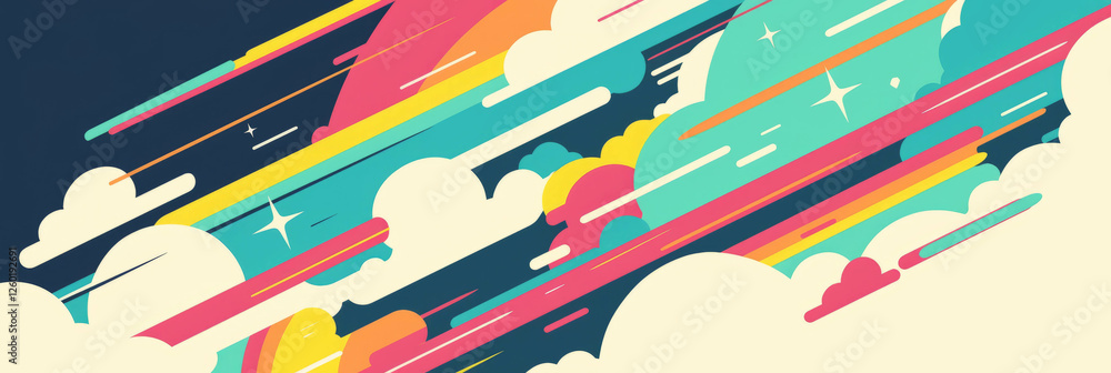 Poster Stylized rainbows and clouds create a vibrant banner background in pixel art design