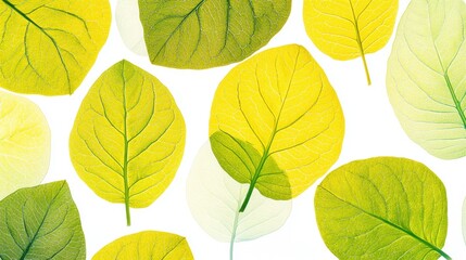 Obraz premium Variety of Green and Yellow Leaves With Detailed Veins on White Background
