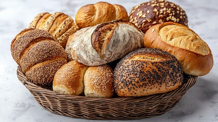An inviting assortment of various bread types in a basket, highlighting the intricate details of each loaf, capturing the essence of home-baked goodness for food enthusiasts.