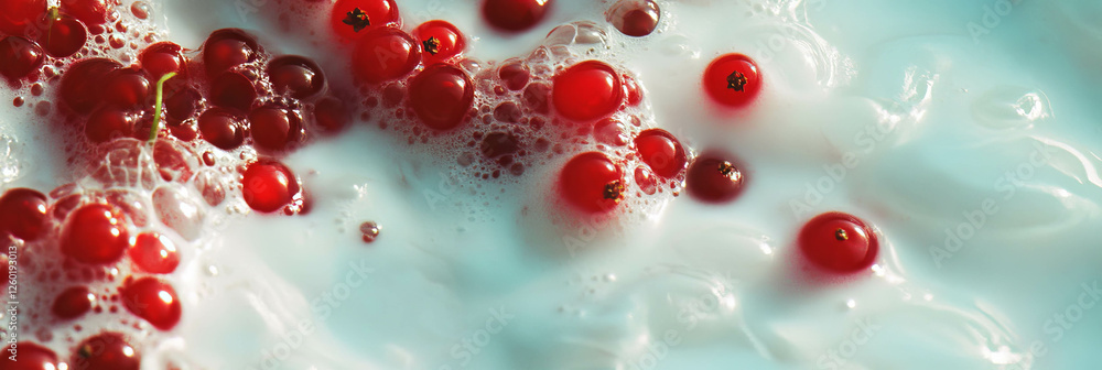 Poster milk with redcurrant ripples and scattered redcurrants features vibrant colors and textures
