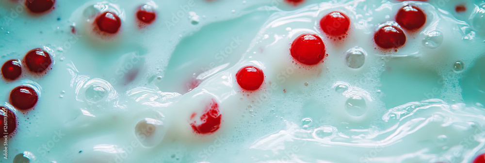 Poster Milk creating a ripple effect with scattered redcurrants viewed from above