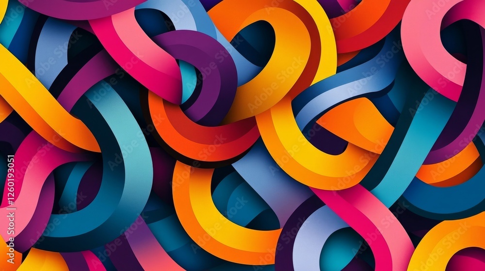 Poster brightly colored abstract design featuring intertwined shapes and vibrant patterns on a textured bac