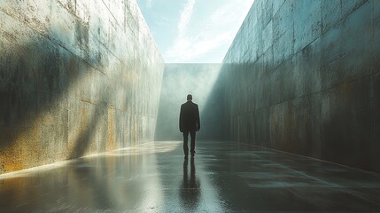 resurrection silhouette of a man walking in an empty concrete room in the light