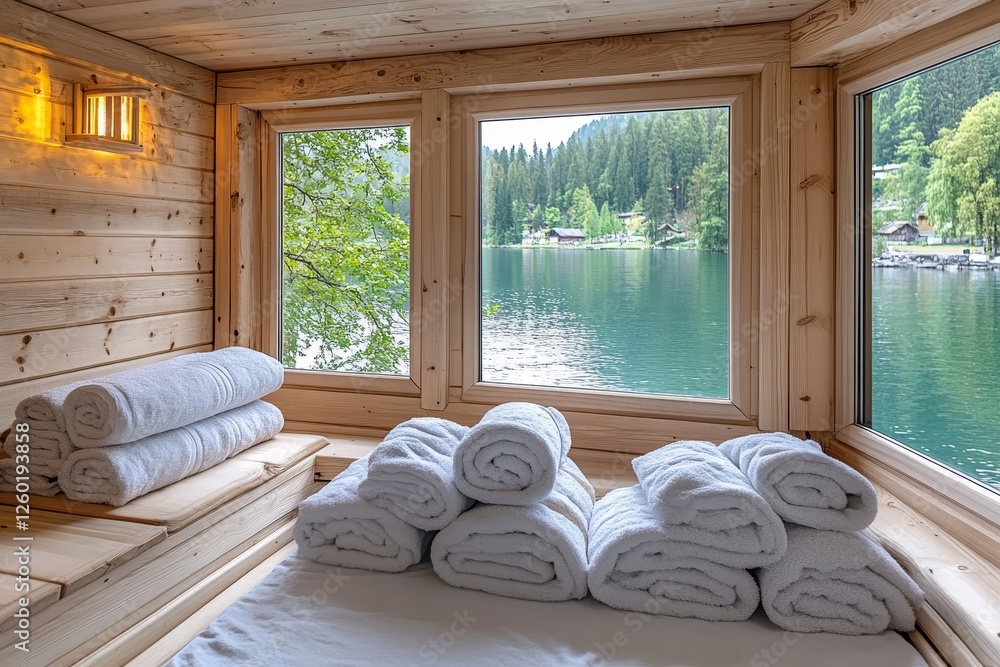 Poster relaxing sauna space with a view of tranquil lake surrounded by lush trees in a serene setting