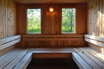 Relaxing sauna interior with wooden benches and natural light from windows