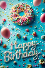 Colorful Birthday Donut with Sprinkles and Happy Birthday Text