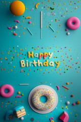 Happy Birthday Writing with Donut and Festive Sprinkles on Blue Background